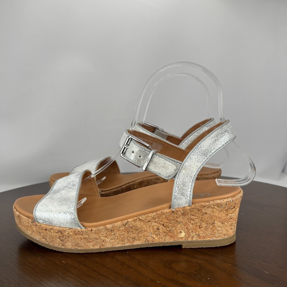UGG Milley Platform Sandals Girl's 4 Silver Glitter Shimmer Cork Wedge Heel Shoe